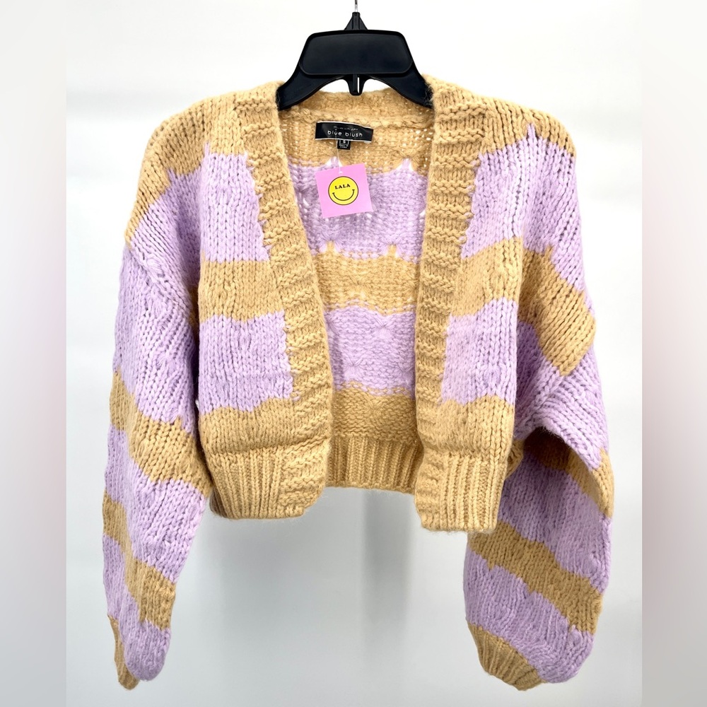 Blue Blush by LALA Two Tone Pastel Purple and Tan Striped Cardigan - Picture 2 of 8